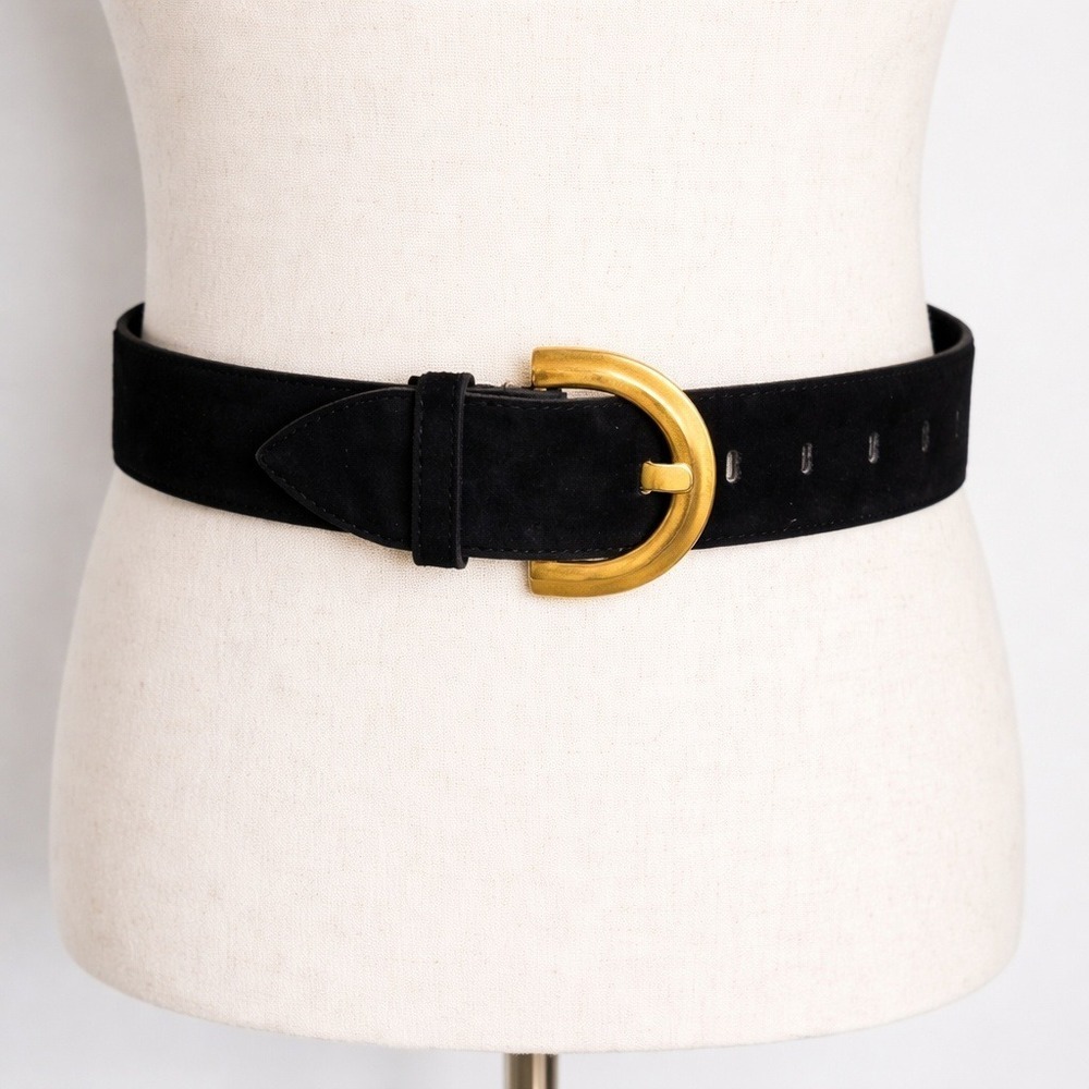 Motion East Black Suede Leather Gold Buckle 80s Glam Wide Statement Belt Medium